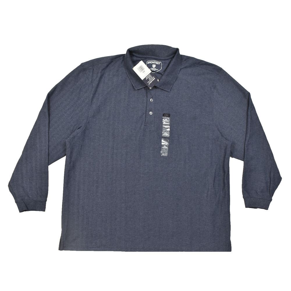 Architect Men's XXL Blue Herringbone Textured Long Sleeve Polo Shirt Cotton NWT